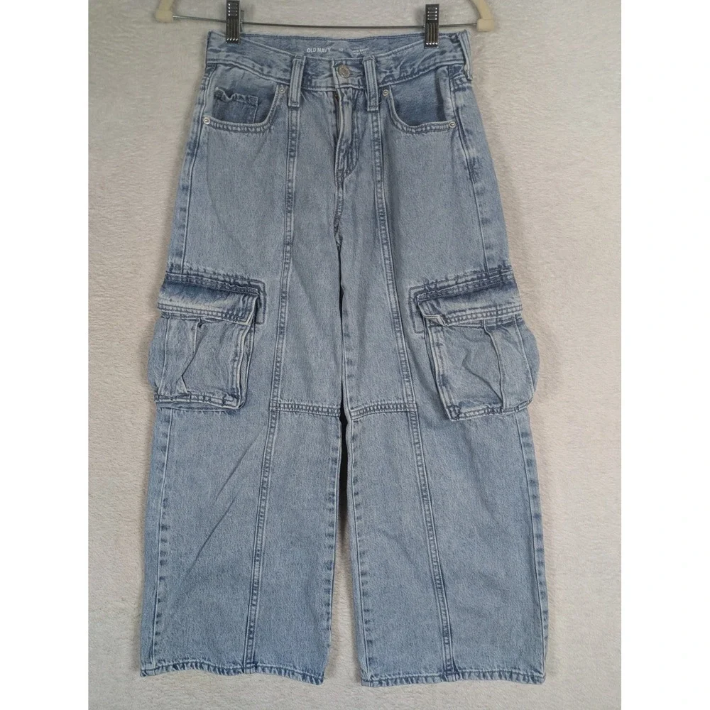 Old Navy Jeans Girl's 12 Blue Super Baggy Wide Leg Cargo High Rise Seam Detail